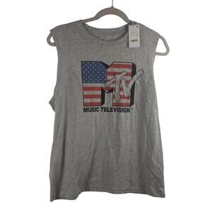 MTV Americana Graphic Tank Top Gray L Women's Stylish Crew Neck Sleeveless Flag‎
